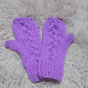 Handknit Vintage yarn Purple Knit Fingerless Mittens Cable Pattern One size